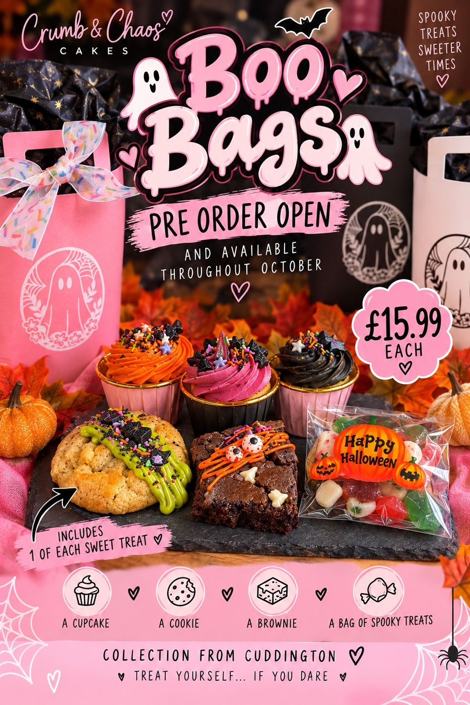 Crumb & Chaos Boo Bags, pre-order open and available throughout October, £15.99 each