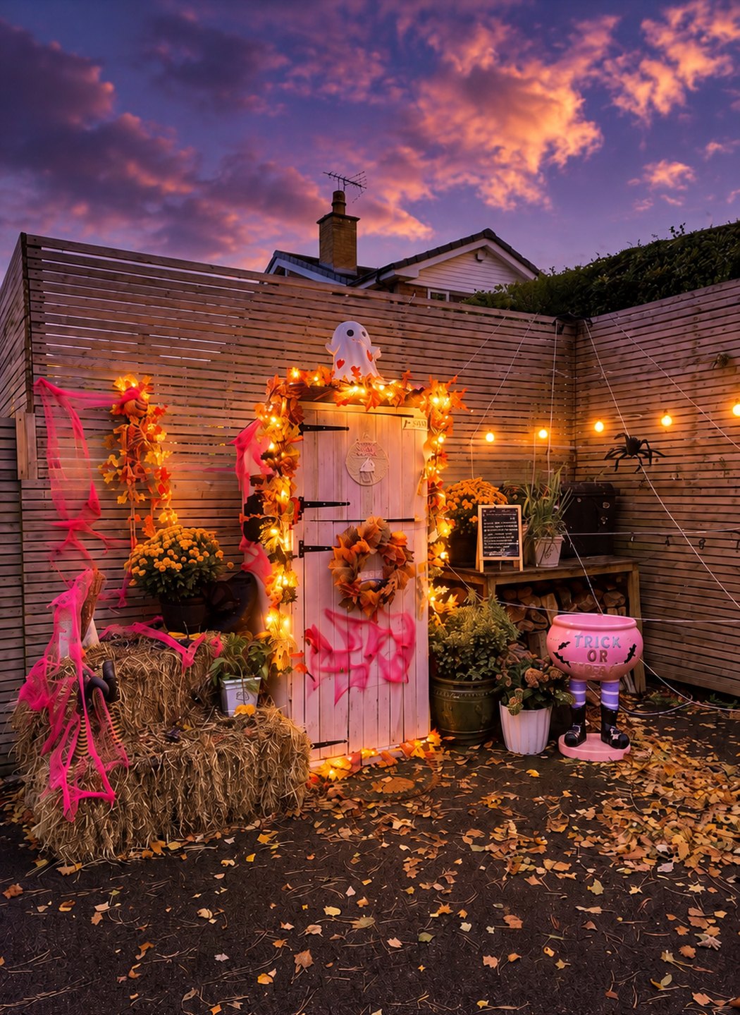 The Crumb & Chaos Cake Shed glowing with fairy lights under a purple autumn sunset