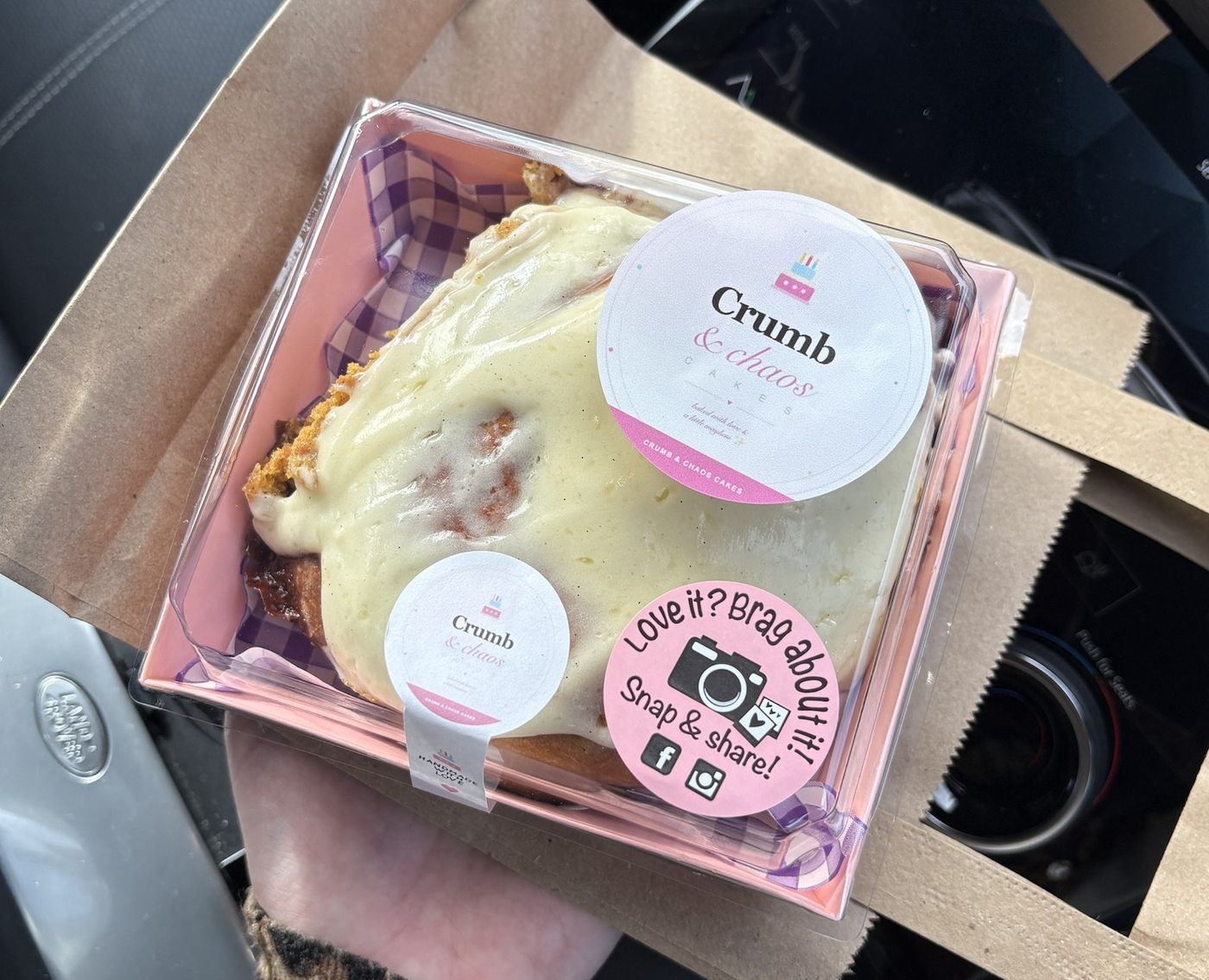 Iced Pumpkin Spice Cinnamon Roll from Crumb & Chaos Cakes, boxed and ready for collection