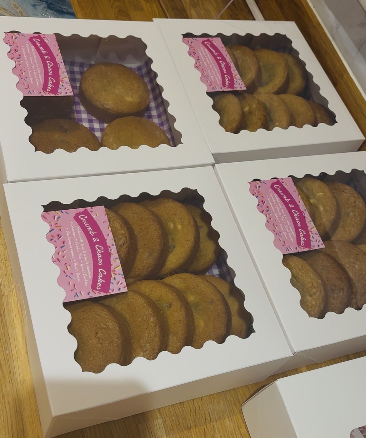 Boxed chocolate chip cookies ready for collection