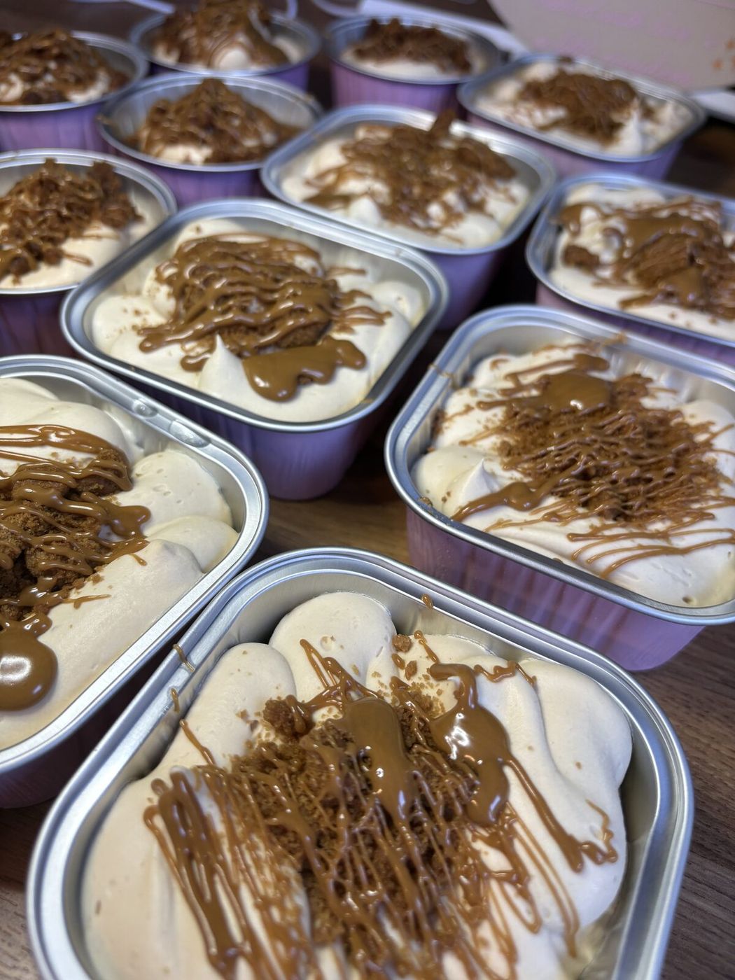 Individual Biscoff caramel dessert pots with cookie crumb and caramel drizzle
