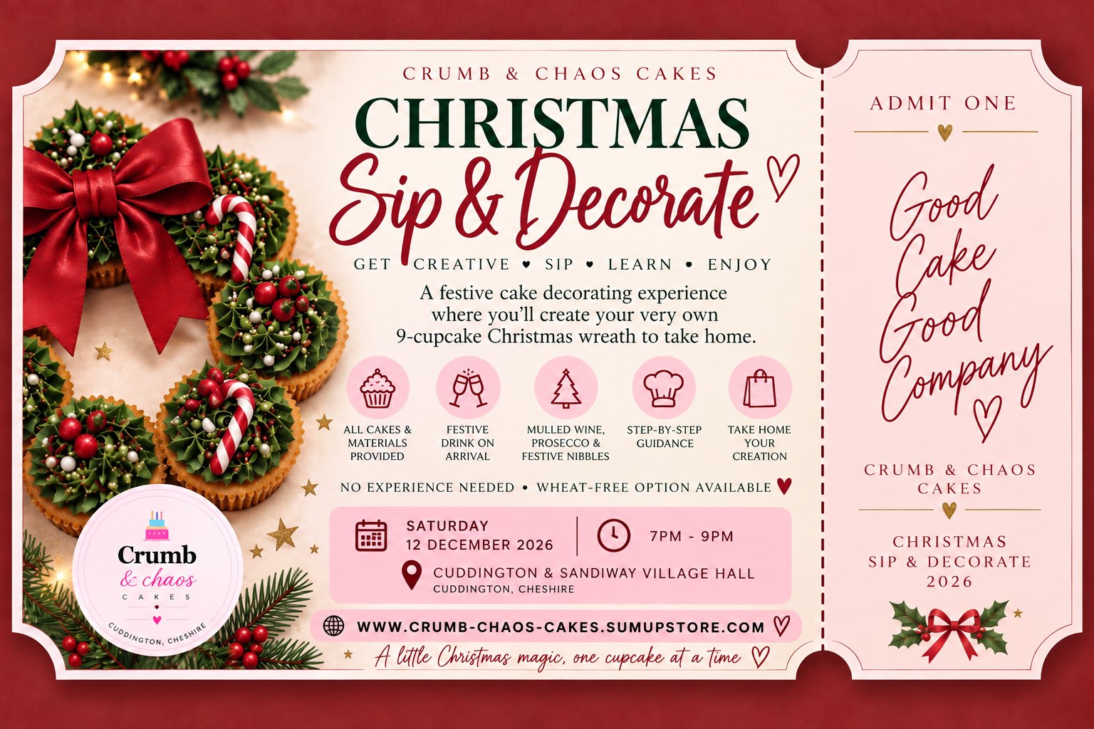 Christmas Sip and Decorate cupcake wreath class ticket, Saturday 12 December 2026