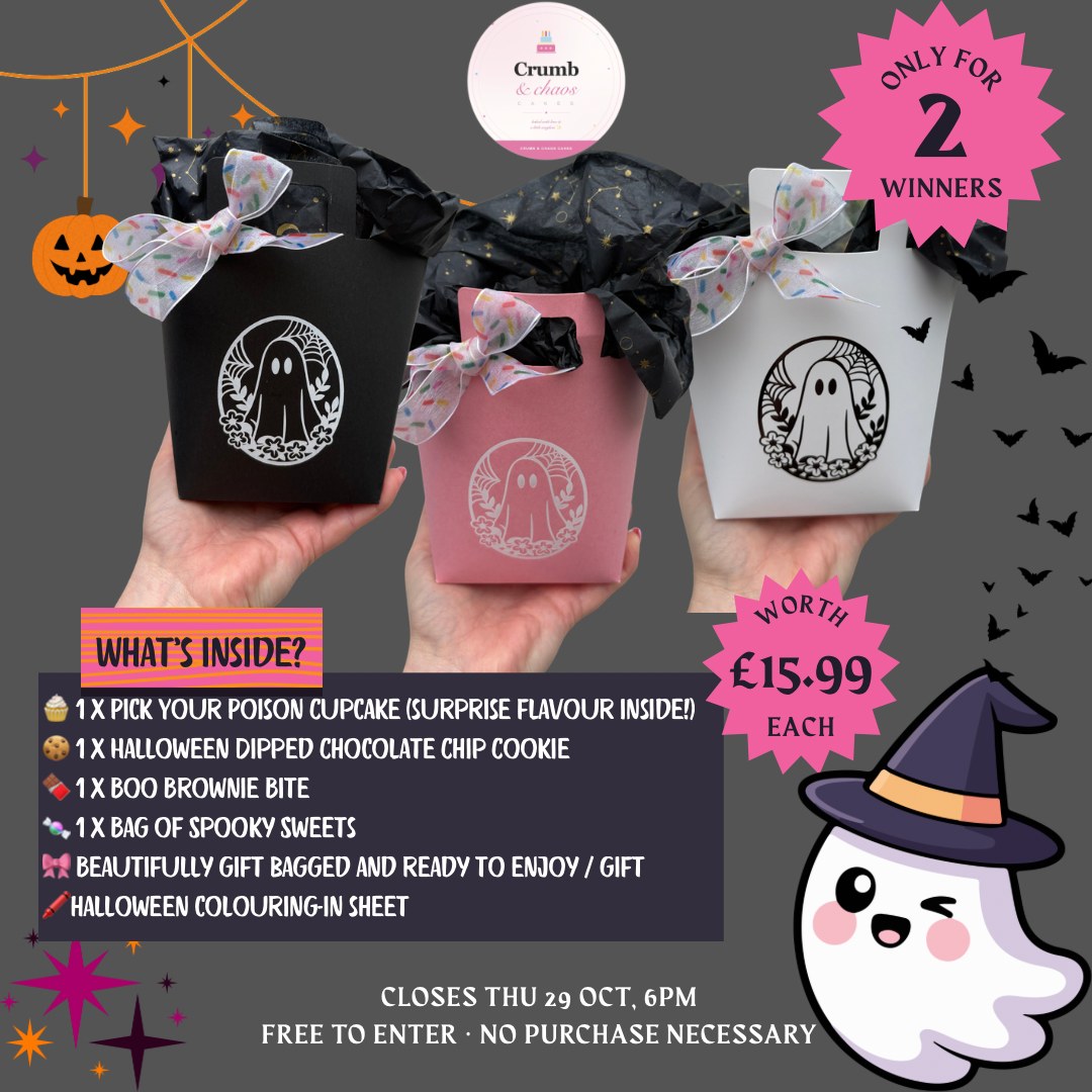 Pink, black and white Halloween Boo Bags, worth £15.99 each. Inside: a Pick Your Poison cupcake, a Halloween dipped chocolate chip cookie, a Boo Brownie Bite, a bag of spooky sweets and a Halloween colouring-in sheet, gift bagged. Closes Thursday 29 October, 6pm. Free to enter, no purchase necessary